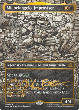 Michelangelo, Improviser (Borderless) (Gold-Stamped Signature) (304) Foil - Teenage Mutant Ninja Turtles