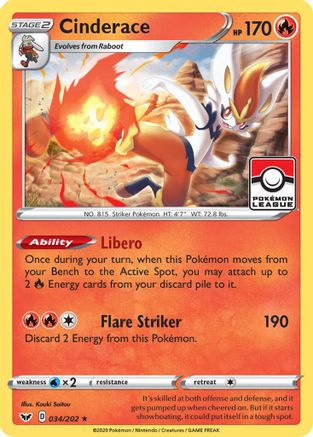 Cinderace (Pokemon League) (34) Reverse Holofoil - League & Championship Cards
