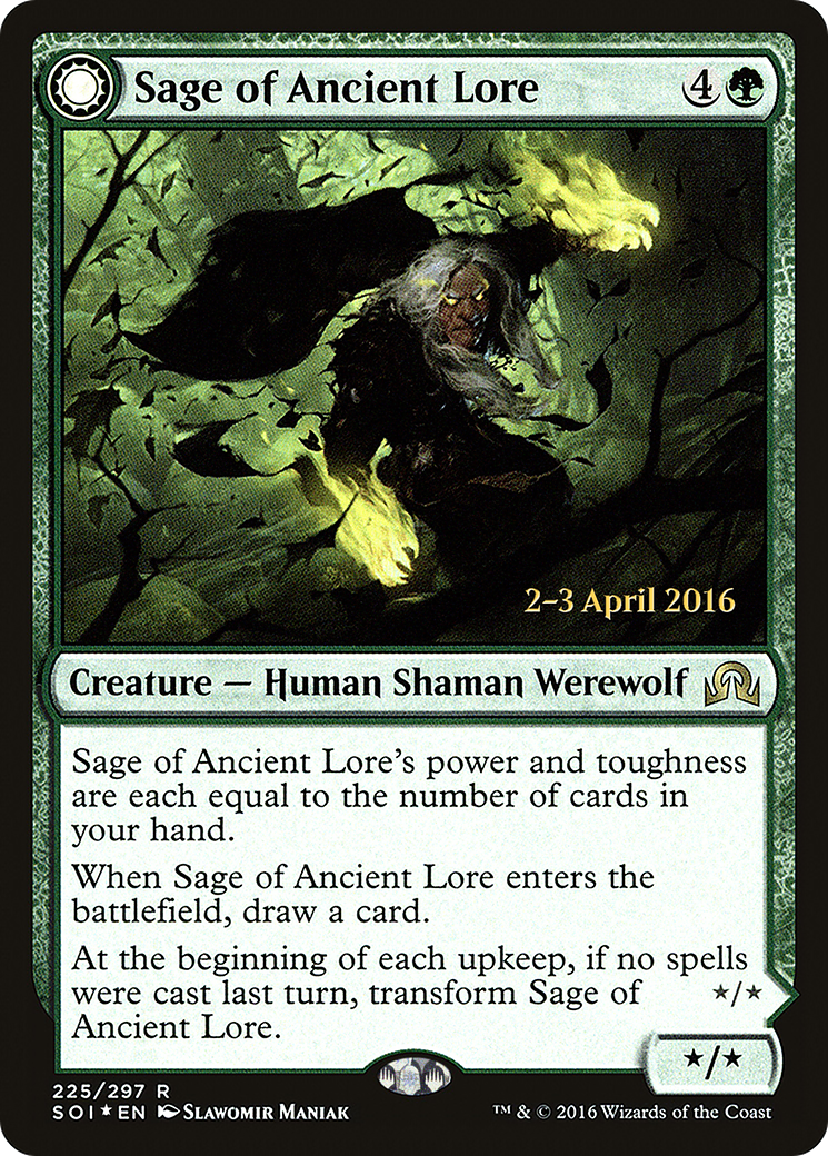 Sage of Ancient Lore // Werewolf of Ancient Hunger [Shadows over Innistrad Prerelease Promos] | Silver Goblin