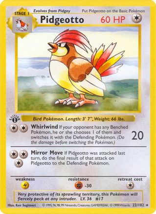 Pidgeotto (22) (1st Edition) - Base Set (Shadowless)