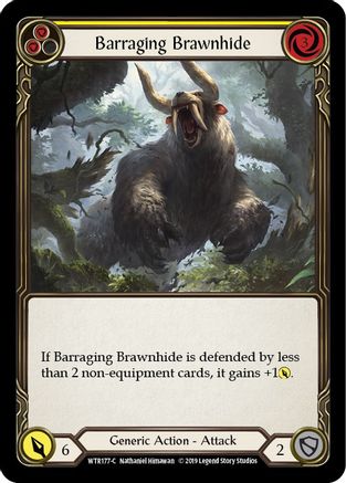 Barraging Brawnhide (Yellow) (WTR177) (1st Edition) Rainbow Foil - Welcome to Rathe