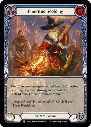 Emeritus Scolding (Blue) (Extended Art) - LGS092 Rainbow Foil (LGS092) - Flesh and Blood: Promo Cards | Silver Goblin