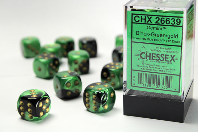 Chessex Gemini Black-Green/Gold 12d6 16mm | Silver Goblin