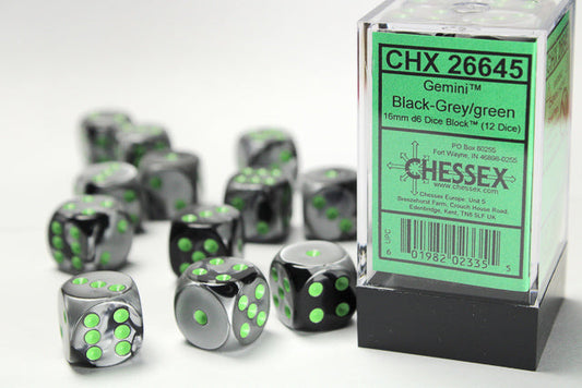 Chessex Gemini Black-Grey/Green 12d6 16mm