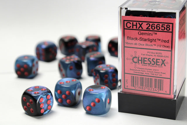 Chessex Gemini Black-Starlight/Red 12d6 16mm | Silver Goblin