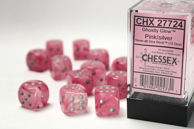 Chessex Ghostly Glow Pink/Silver 12d6 16mm | Silver Goblin