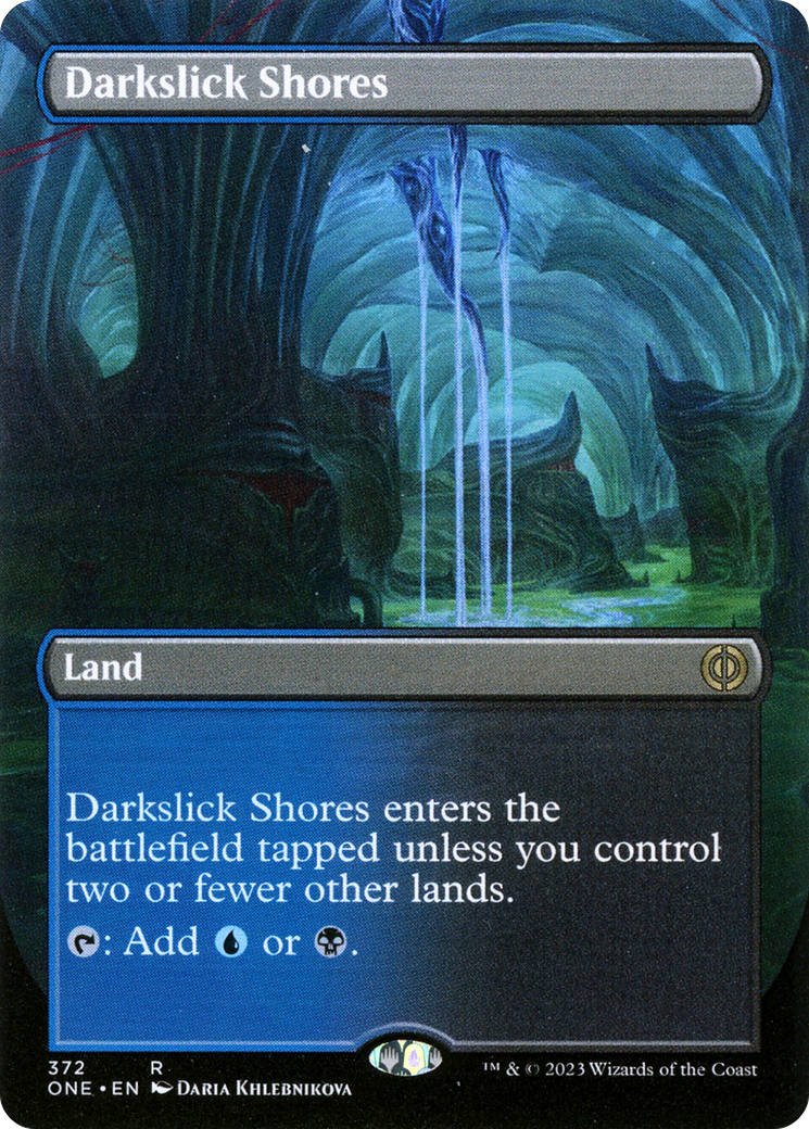 Darkslick Shores (Borderless Alternate Art) [Phyrexia: All Will Be One] Foil