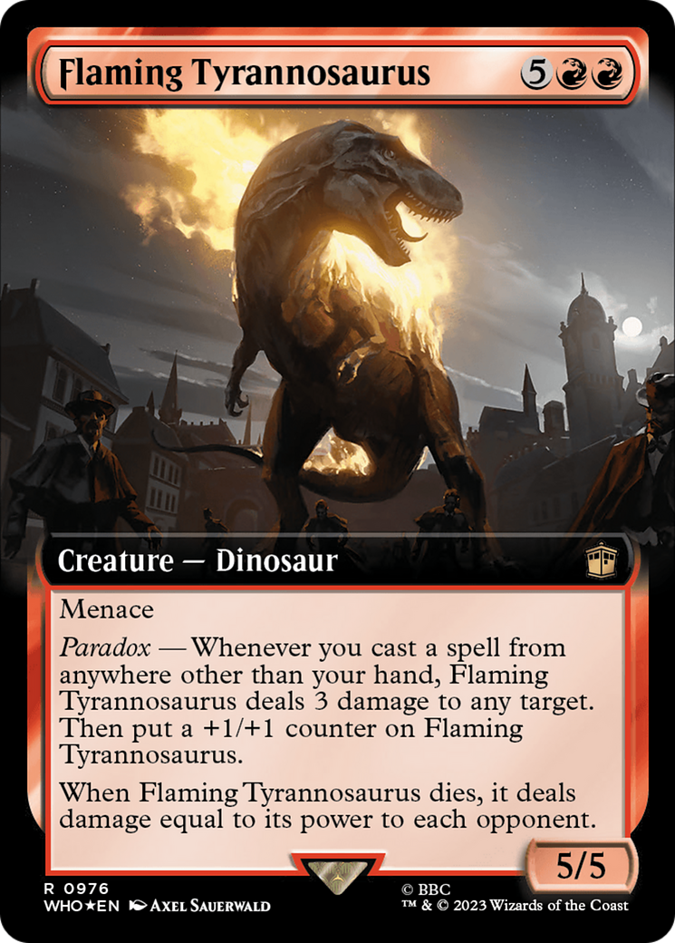 Flaming Tyrannosaurus (Extended Art) (Surge Foil) [Doctor Who] | Silver Goblin