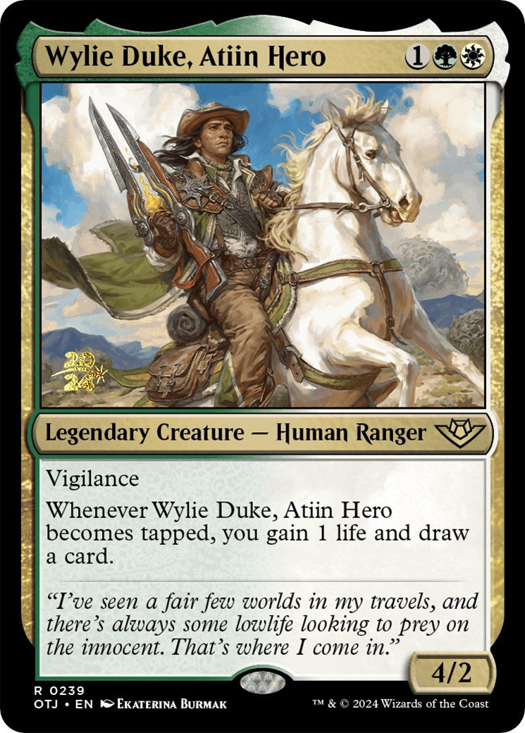 Wylie Duke, Atiin Hero [Outlaws of Thunder Junction Prerelease Promos] | Silver Goblin