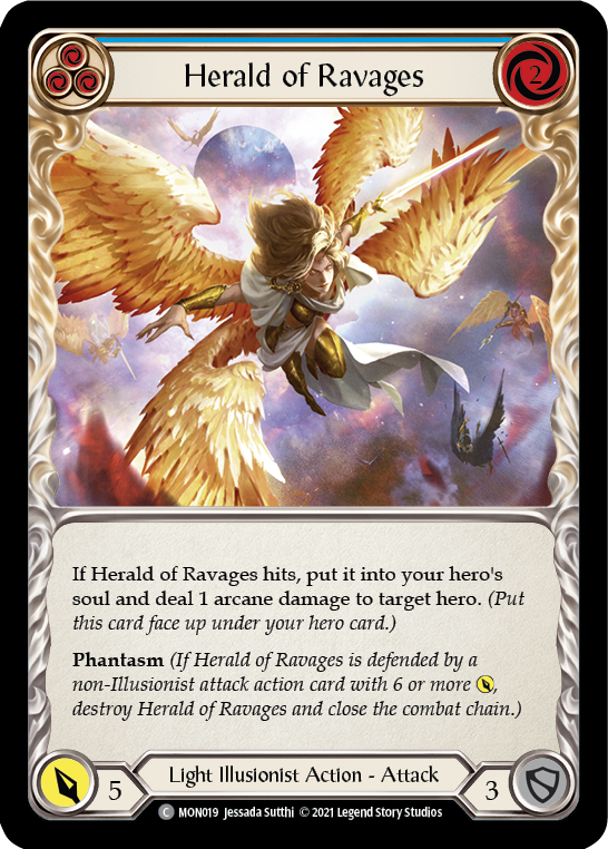 Herald of Ravages (Blue) [MON019-RF] (Monarch)  1st Edition Rainbow Foil | Silver Goblin