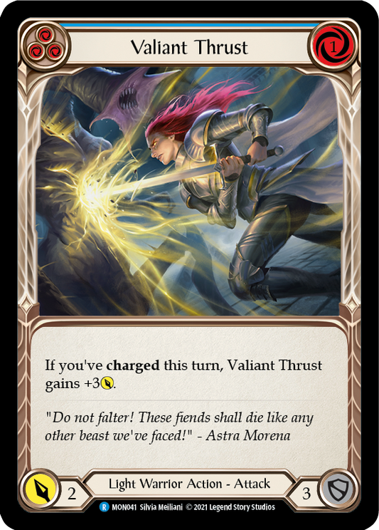 Valiant Thrust (Blue) 1st Edition Rainbow Foil (MON041) - Monarch