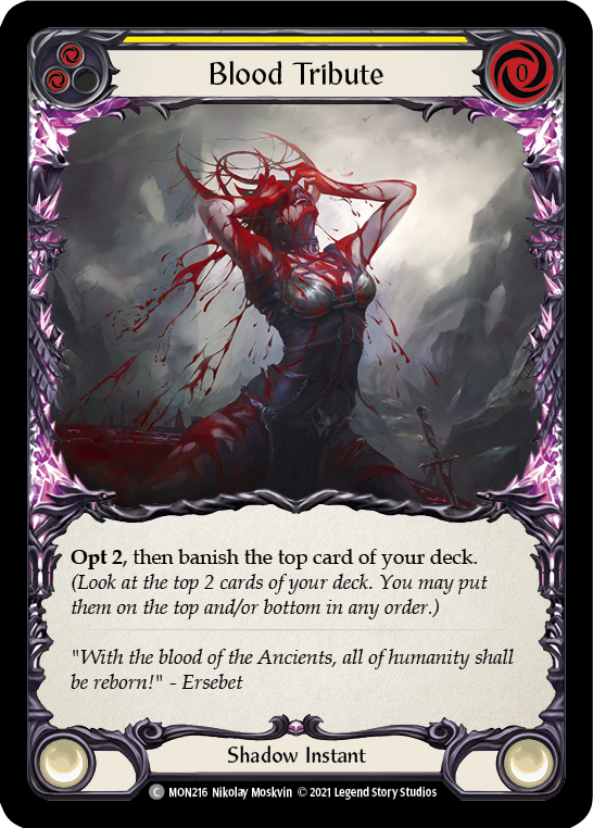 Blood Tribute (Yellow) [MON216-RF] (Monarch)  1st Edition Rainbow Foil | Silver Goblin