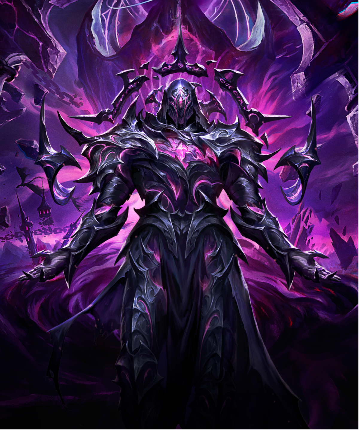 Fantasy digital art of a dark armored hooded figure with glowing purple energy, surrounded by jagged spiky structures in a dramatic purple and black scene.