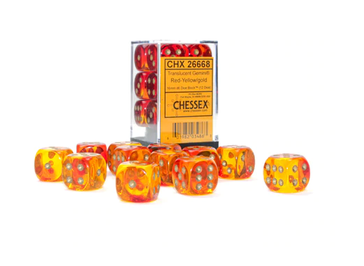 Chessex Gemini Translucent Red-Yellow/Gold 12d6 16mm | Silver Goblin