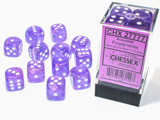 Chessex Luminary Borealis Purple/White 12d6 16mm | Silver Goblin