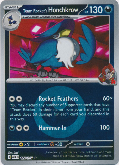 Team Rocket's Honchkrow (Energy Symbol Pattern) (127) Reverse Holofoil - Ascended Heroes