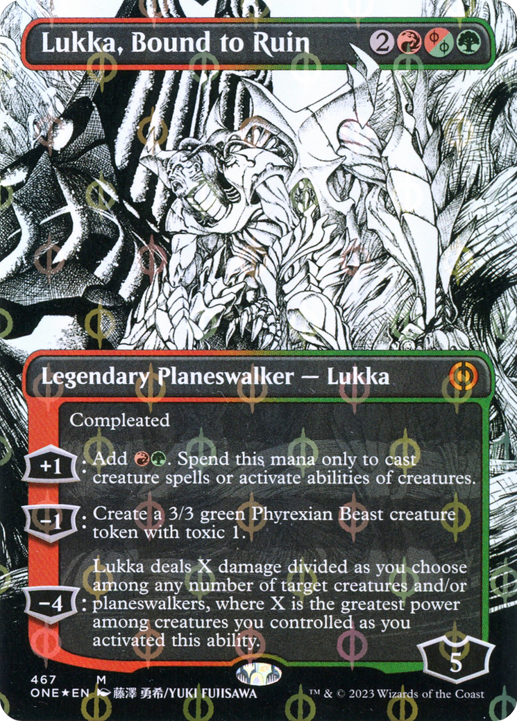 Lukka, Bound to Ruin (Borderless Manga Step-and-Compleat Foil) [Phyrexia: All Will Be One] | Silver Goblin