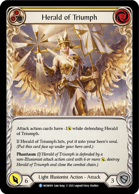 Herald of Triumph (Yellow) [MON009-RF] (Monarch)  1st Edition Rainbow Foil | Silver Goblin