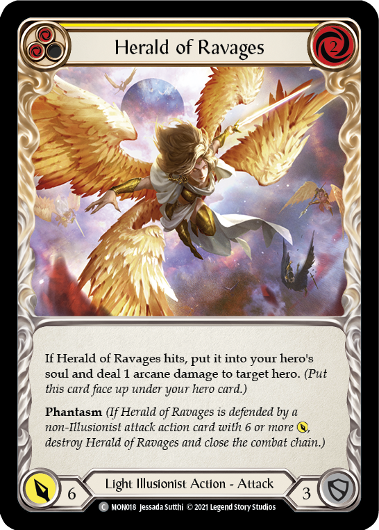 Herald of Ravages (Yellow) [MON018-RF] (Monarch)  1st Edition Rainbow Foil | Silver Goblin